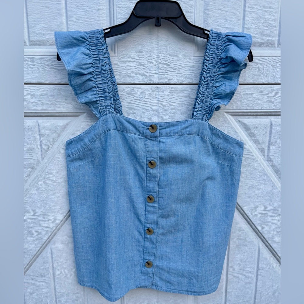 J. Crew Light Blue Chambray Ruffle Strap Tank Top